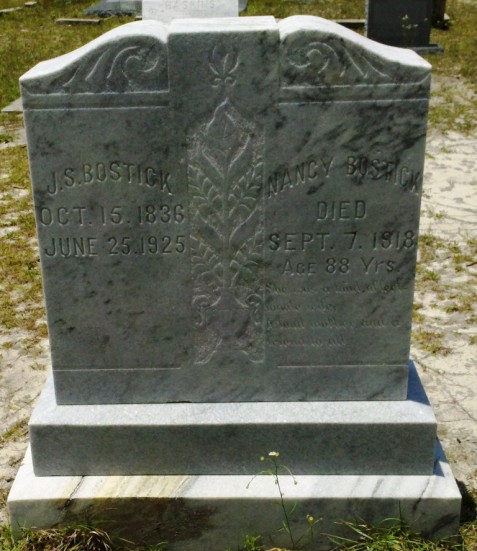 Gravemarker of Jesse Bostick and Nancy Corbitt Lastinger Bostick, Live Oak Cemetery, Atkinson County, GA.