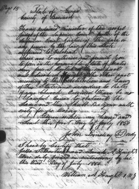 Marriage of Jesse Bostick and Sarah Ann Knight, July 3, 1856.