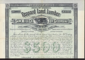 1883 Stock certificate of the Reppard Land, Lumber & Sawmill Company of Georgia. R. B. Reppard provided financial backing for the sawmill operated by John and Ben Furlong at Vanceville, GA.