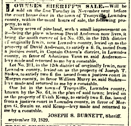 Morgan G. Swain levied on theTroupville, GA property of Uriah Kemp to collect on a debt.