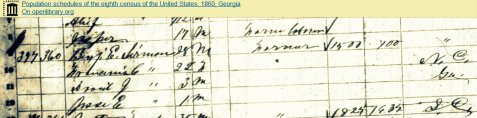 1860 census enumeration of Jesse E. Sirmans, age 1, in the household of his parents, Benjamin E. Sirmans and Francenia C. Sirmans. Also enumerated is Jesse's brother, David J. Sirmans, age 3. Image courtesy of Internet Archive: https://archive.org/stream/populationschedu117unit#page/n213/mode/1up