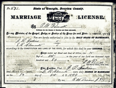 Marriage Certificate of Gideon D. Gaskins and Lula R. Clements, October 17, 1886, Berrien County, GA