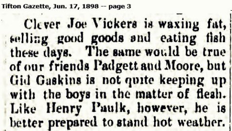 1898 personal mention of Gid Gaskins, merchant of Willacoochee, GA 