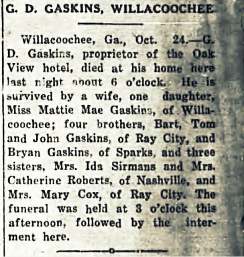 Death of Gideon D. Gaskins reported in the Tifton Gazette