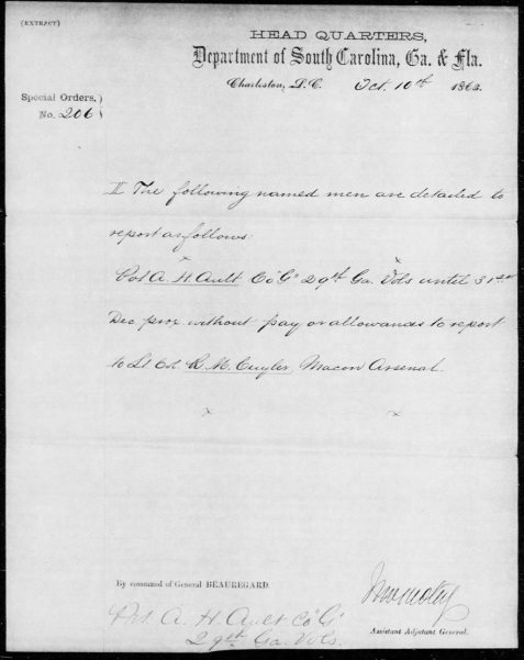 October 10, 1863 detailing Private Ault to work at the Macon Arsenal.